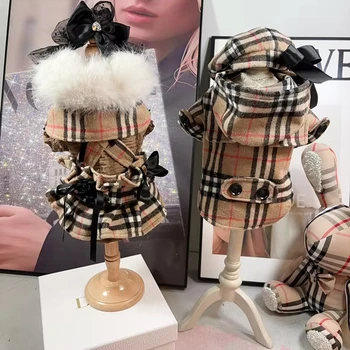 Emili Luxury Dog Dress Plaid Brown  Polyester Clothes Best Price Hot Sale Sustainable Pet Apparel for Winter Spring