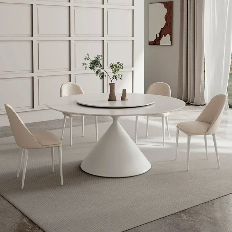 Light Luxury Pure White Sintered Stone Dinning Table Set For 6 With Turntable Round Carbon Steel Restaurant Hotel Dining Table