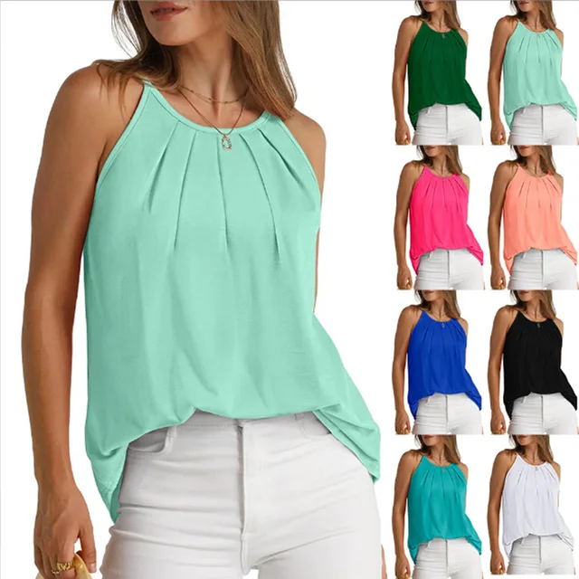 summer women's blouses shirts foreign trade t-shirts for women pleated round neck halter vest crop tops for women