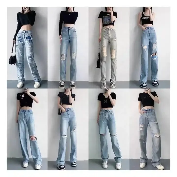 Women Independent Station Autumn And Winter Water Wash High Waist Broken Pants Wide Leg Pants Jeans