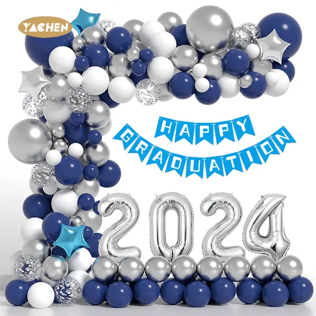 Yachen new arrival congrats grade dark blue silver latex balloons garland arch kit for graduation party decoration 2024