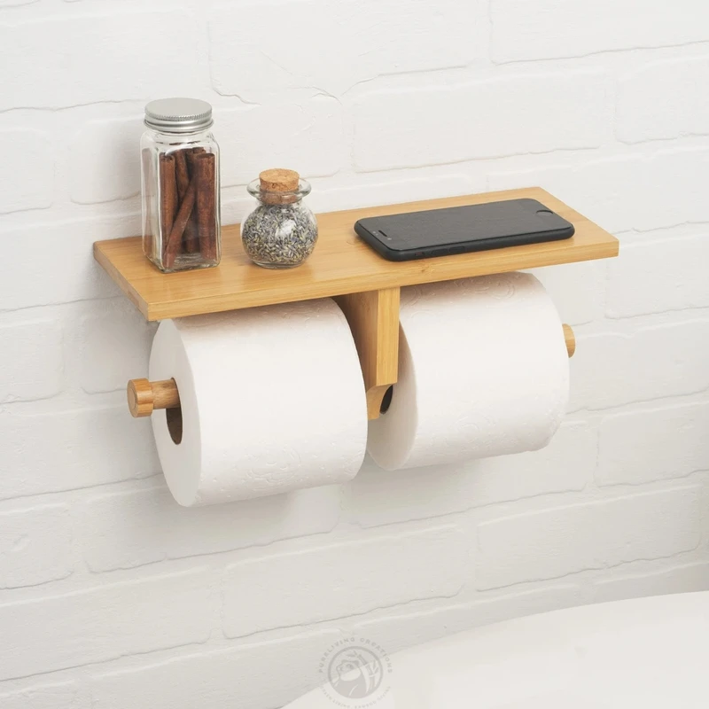 Bamboo Double Dual Toilet Paper Holder with Convenience Shelf Tray Modern Hanging Wall Mount for Toilet Paper Phone