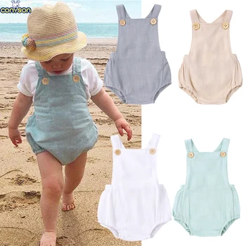 Conyson Wholesale Summer Pure Color Button Short Sleeve Bodysuit Girls Linen Newborn Suspenders Triangle Rompers for Toddlers