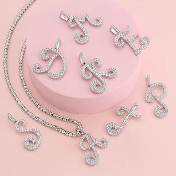 Dainty Zircon Diamond Letter Pendant Tennis Choker Crystal Vintage Cursive Silver Initial Necklaces with Initial Letter Pendant