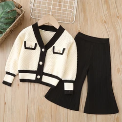 2022 autumn winter children clothes sets knit cardigan bell bottoms 2pcs princess girls knitted clothes outfits kids sets