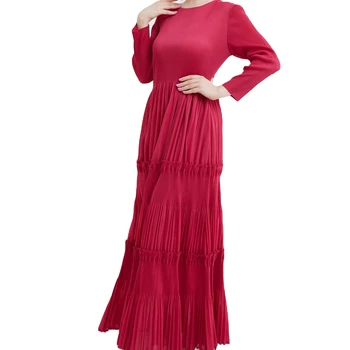 Luxury Pleated Long Sleeve Round Neck Women's Dress, Designer Party Plus Size Free Shipping Red Elegant Casual