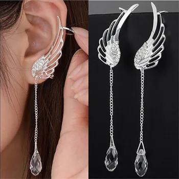 2021 New Silver Plated Angel Wing Stylist Crystal Earrings Drop Dangle Ear Stud For Women Long Cuff Earring Bohemia Jewelry