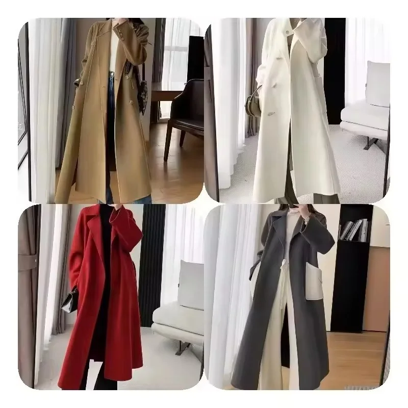 Russia Simple Women Woolen Coat V-Neck Belt Long-Sleeved Coat Autumn and Winter New Solid Color Women's Overcoat