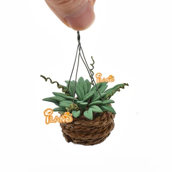 iland 1/12 Doll House Miniature Flower Hanging Basket Mini Clay Green Plant For Dollhouse Accessories Mini Scene Decor
