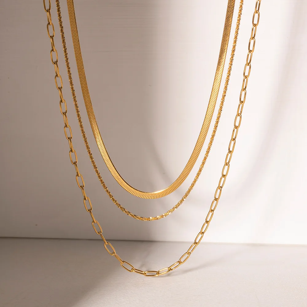 2023 new style Tarnish free gold plated stainless steel multi layer snake chain Paper clip chain  rope chain necklace