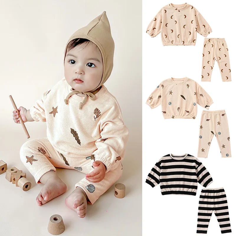 INS autumn winter newborn baby clothing sets stripe printing two-piece infant boys girls casual new born baby clothes