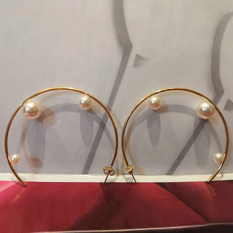 Geometric Pearl Line Hoop Earrings Gold Color Stainless Steel Circle Earrings For Women Earings Wholesale EEF1014