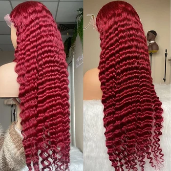 99j lace frontal wig 100% Colored Raw Red Wig Virgin human Hair hd Transparent lace front 99J Red Deep wave curly lace wig