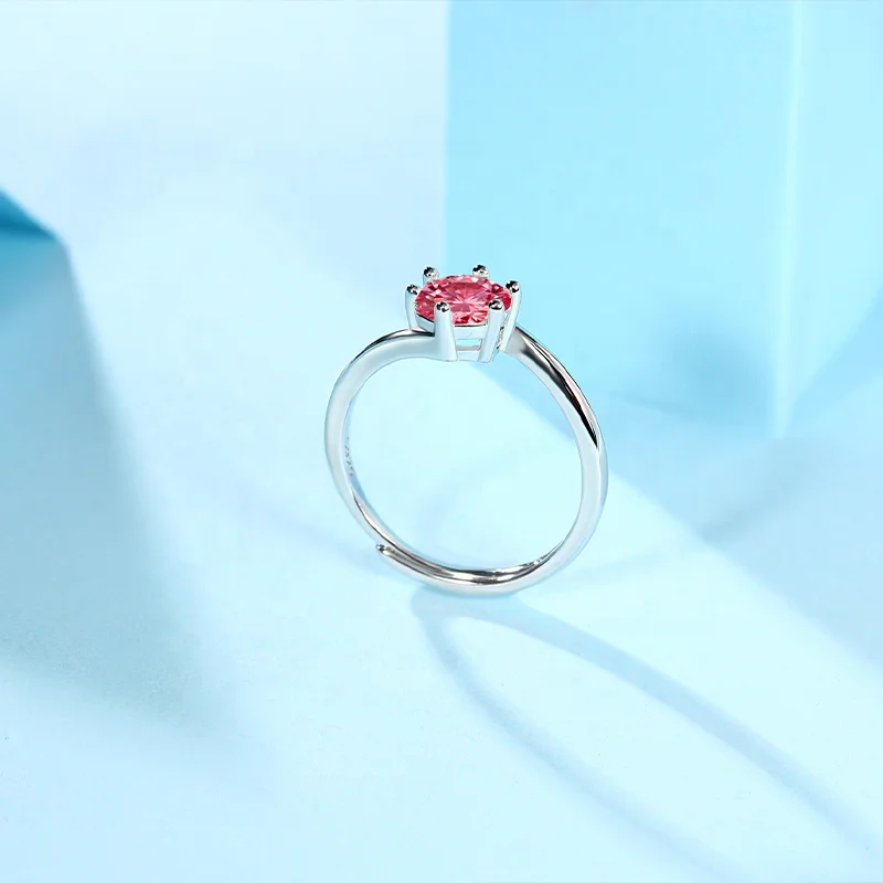 HMOIS factory price adjustable crystal ring S925 silver pink diamond round moissanite engagement ring