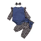 Baby Children's Autumn Suit Denim Clothing Baby Leopard Long Sleeve Romper Pants Bow Scarf