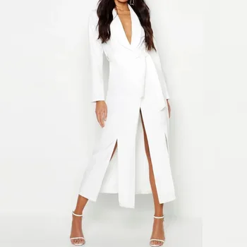 Woven White Belted Split Detail Long Maxi Blazer Dress For Women