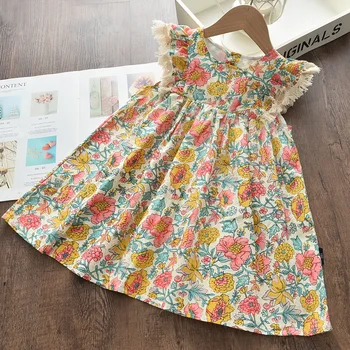hot selling european american vintage child clothes casual dresses girls' floral print dress for 1-7 years kids