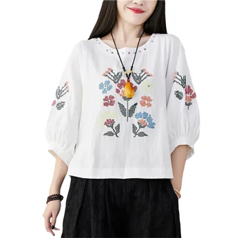 Women's Elegant Unique Newest Design Embroider 3/4 Sleeve T shirt Cotton Linen Top Blouse Casual Shirt White