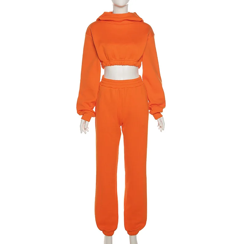 2022 Women New Winter Fall Crop Tops 2 Piece Set Orange Elastic Waist Jogging Sweatpants And Hoodie Set
