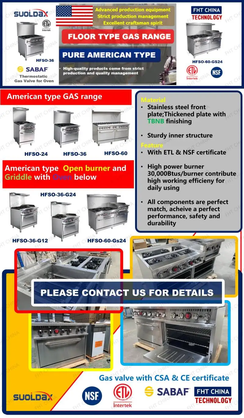 Suoldax FHT-CHINA ETL multiple function commercial gas range open hot plates gas range stove 60" 10 Burner with double oven