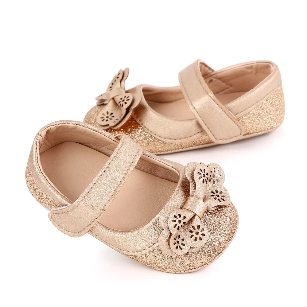 Baby Girls Princess Shoes Shining Glitter Hollow PU Bow Cute Soft Soled Toddler Shoes supplier