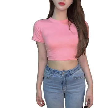 2021 Summer Pink White Black Soild Color Short Sleeve T-Shirt Sexy O Neck Crop Top Knit Short Blouse