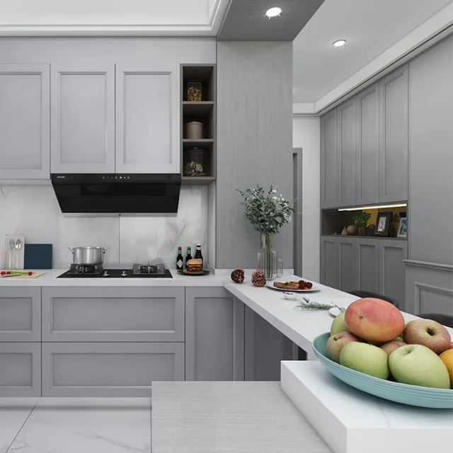 U-shaped I-shaped wall with built-in gray kitchen cabinet, European style door panel cabinet