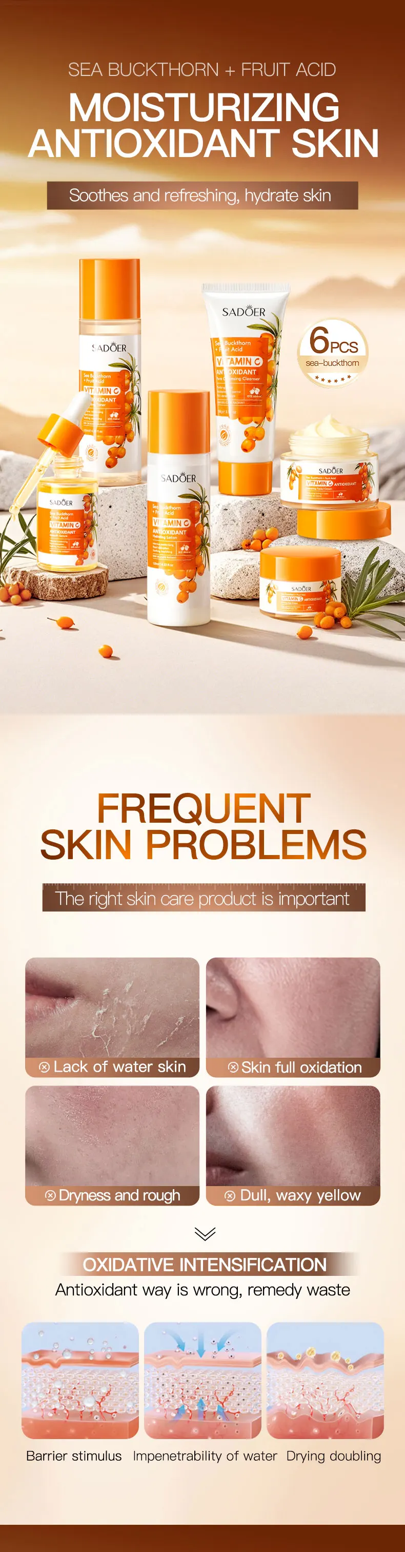 product private label sadoer organic sea buckthorn vitamin c antioxidant soothing six piece skincare gift set moisturizing whitening-2
