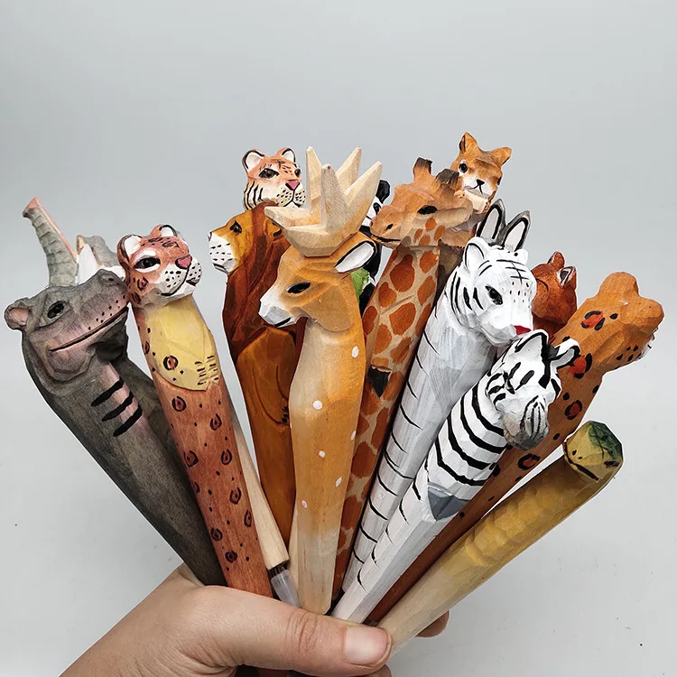Customized Wood Carved Animal Pen, Back to School Gift Wooden Animal Pens Set OEM ODMLion Leopard Giraffe Elephant Rhino Novelty