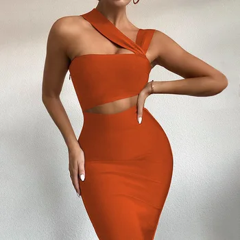 2021 Fashionable Elegant sexy women Halter cut out two piece sets bandage bodycon midi dress