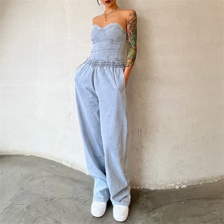 Women Sexy Tube Top and Wide Leg Pants Denim Two Piece Set Matching Fall 2023 Fashion Jean Tracksuits