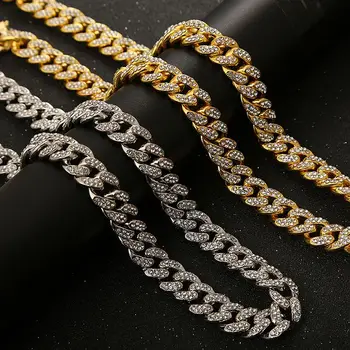 wholesale high quality 12mm fashion hip hop necklace jewelry chains iced out rhinestone diamond gold cuban link chain for men