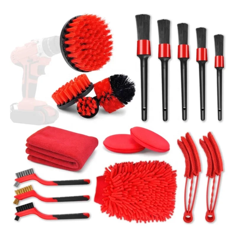 Door Handles PXVDYQ 19 pcs car Detailing kit Dashboard and Signs Internal and External Detail Tool kit Vents Leather Detailing Brush Set Drill Brush Set for Cleaning Wheels 