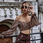 Summer Long Sleeve Off Shoulder Zebra Striped Print High Waist Women Sexy Crop Top T Shirt