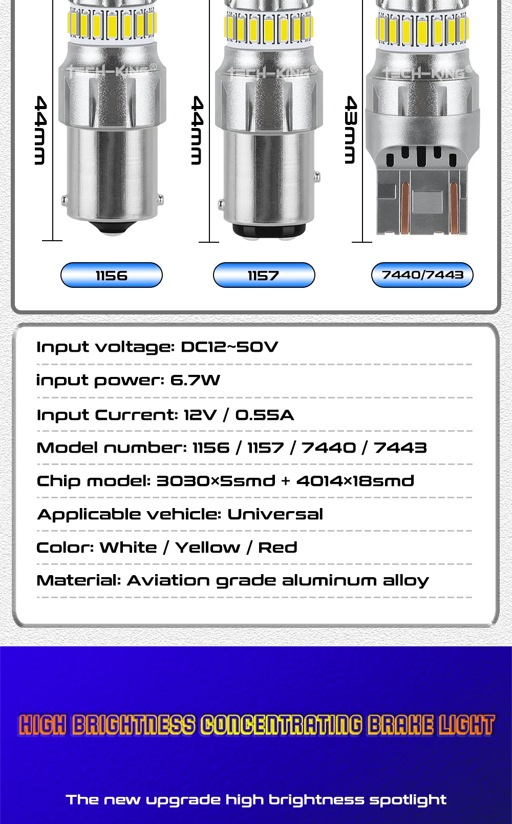 TECH-KING Car Brake Turn Light Led Width Lamp Interior Bulb White 12V-50V 1156 1157 S25 3156 3157 T20 7440 7443 Led Bulb