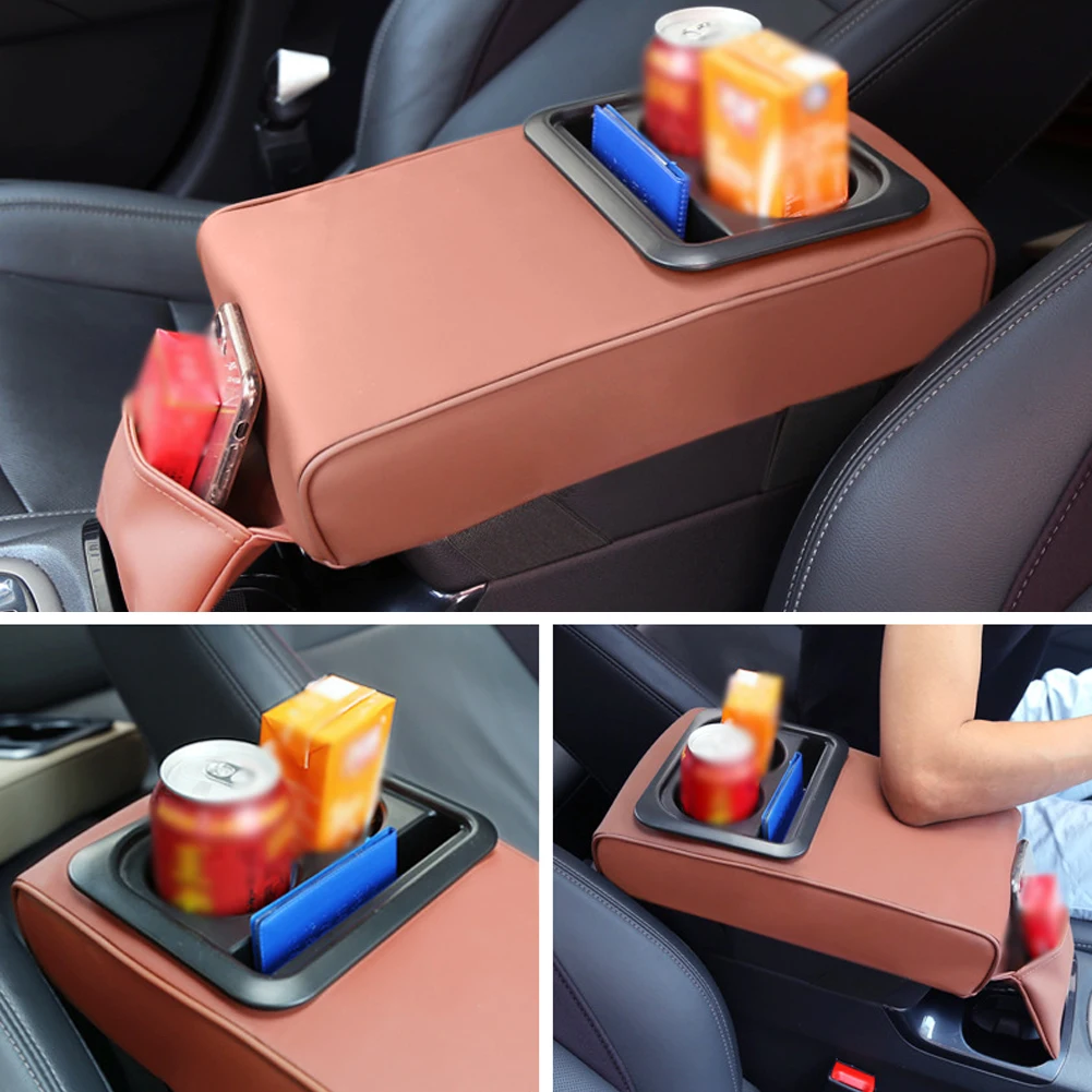 Car Armrest With Cup Holder Universal Pu Leather Storage Box Soft Elbow