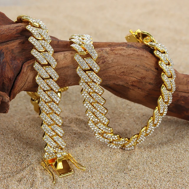 Hottest Seller Zinc Alloy Cuban Chain 12mm Rhinestones Full Of Diamond Hip Hop Jewelry Necklaces And Bracelets