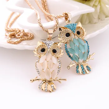 Exquisite Alloy Colorful Crystal Opal Owl Necklace Cartoon Animal Pendant Necklace