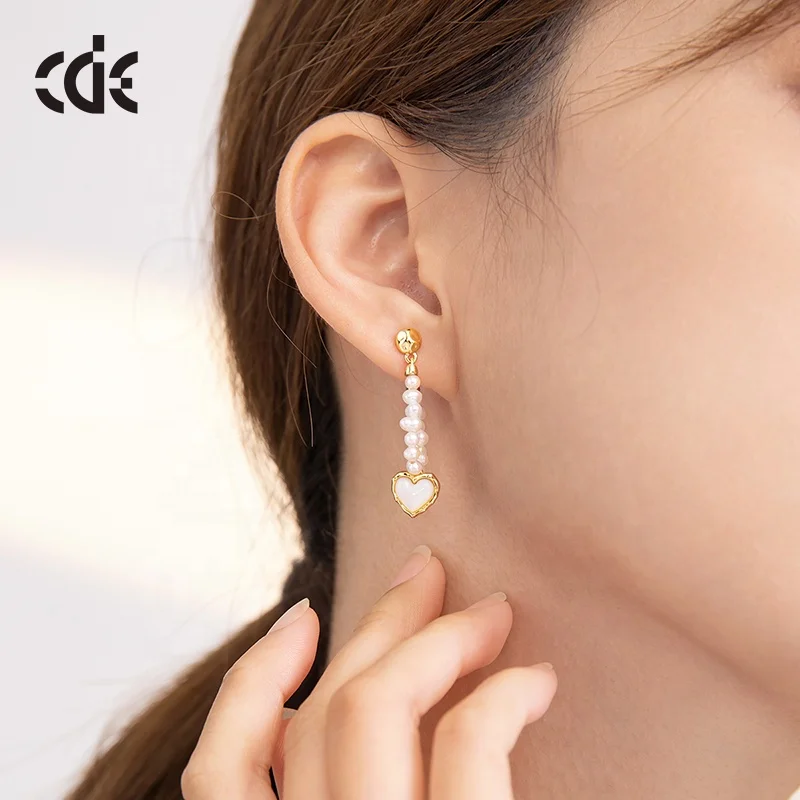925 Silver Love Heart Dangle Jewelry Girl Simple Long Drop Real Pearl Earrings For Women
