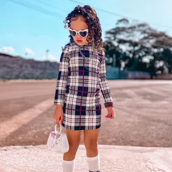 1-7Y toddler girls casual dresses long-sleeve plaid girl's clothing kids fashion baby dresses