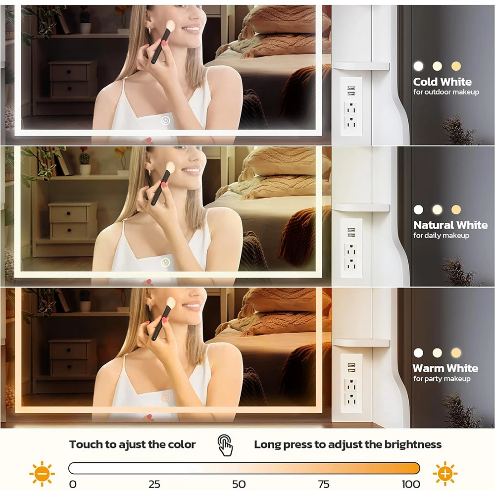 Elegant Retro White Vanity Desk Adjustable Shelves Touch Control Mirror Lights Power Outlet Elegant Retro Makeup Vanity Table manufacture