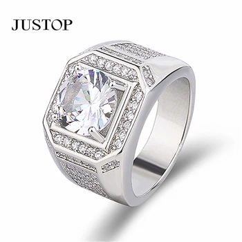 Fashion Jewelry Silver Plated Wide Cubic Zirconia CZ Wedding Rings Large Square Artificial Diamond Engagement Finger Ring Men