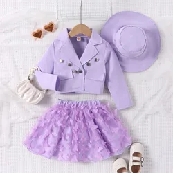 Korean popular toddler girls clothing sets autumn winter long sleeve coat tops+tutu skirt+hat three piece girls outfits