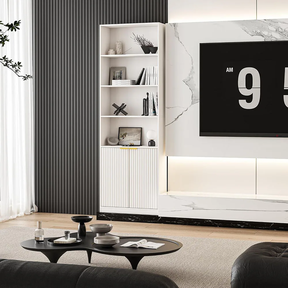 product modern white 6 tier wooden bookcase with cabinet doors home furniture for living room bedroom and home office bookshelves-7