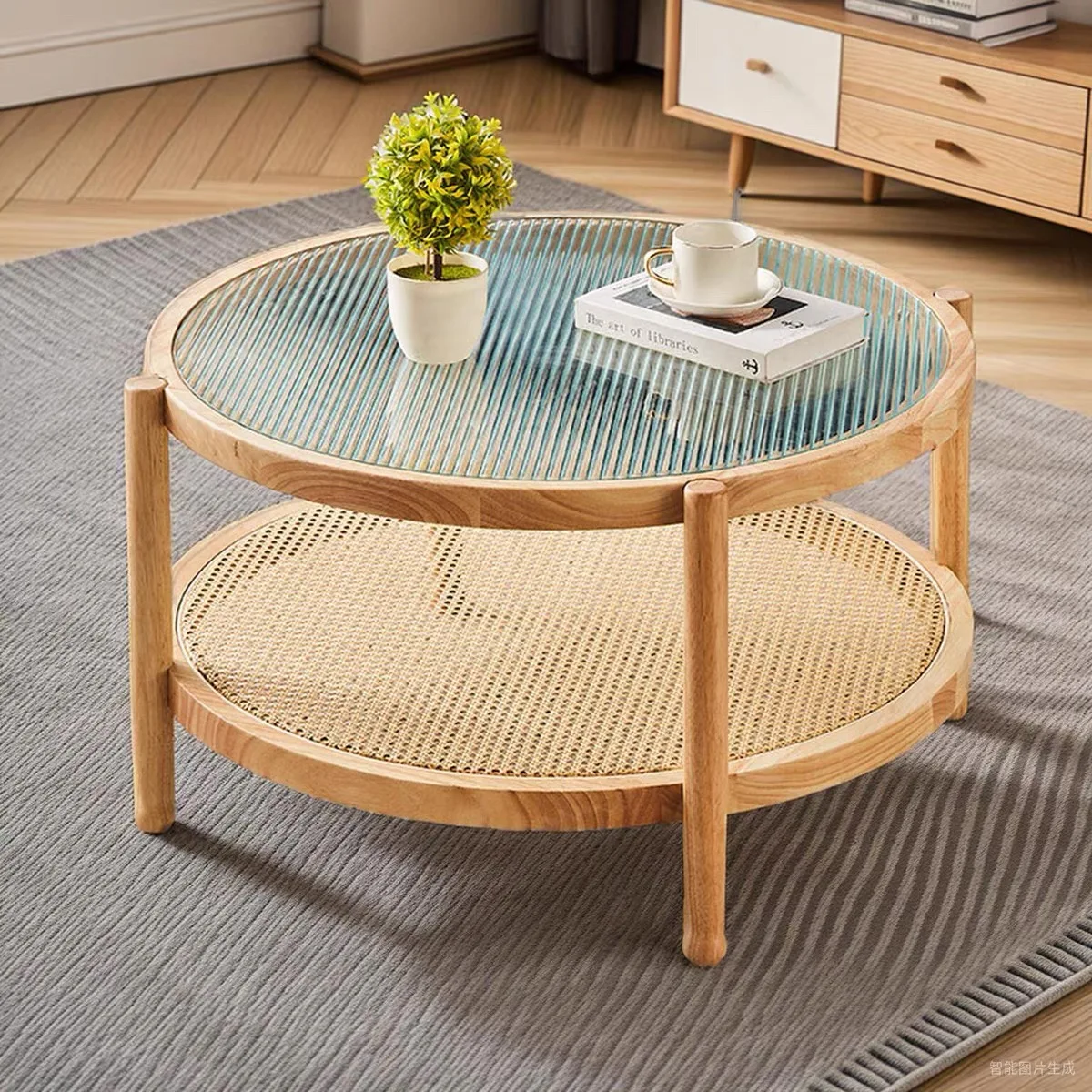 Rattan Round Water-Wave Center Table with Storage , with Wicker Tempered Glass for Living Room, Balcony and Garden