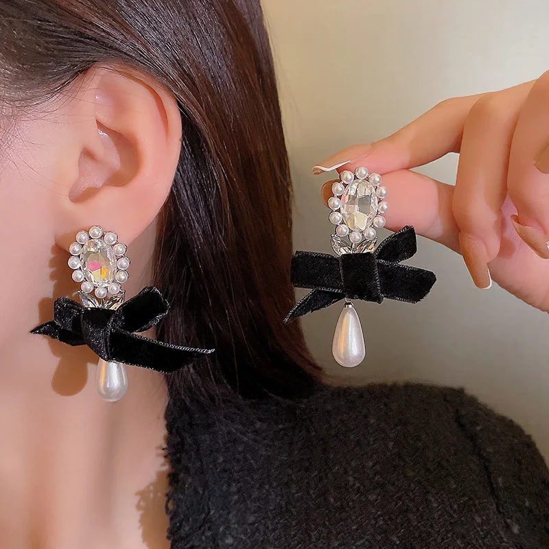 S925 sterling silver autumn and winter styles exquisite rhinestone pearl flocking bowknot fashion jewelry earrings