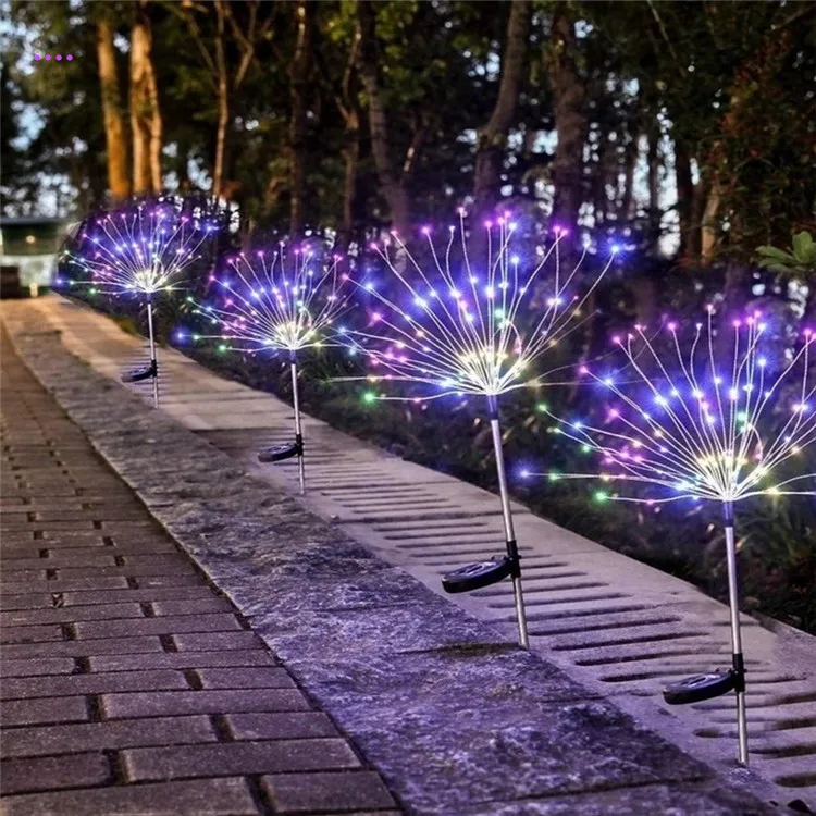 120 LED Solar Powered Firework Starburst Stake Light Warm White Garden Outdoor 