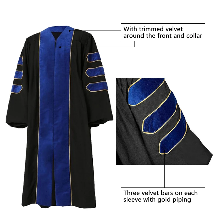 University doctoral tam hood velvet bars gold piping PhD blue velvet regalia close-up sleeve detail