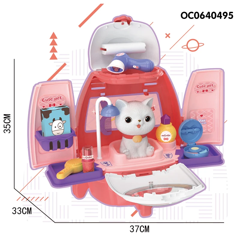 19pcs kids beauty accessories new pet cat makeup pretend toy 2023 for kids with backpack