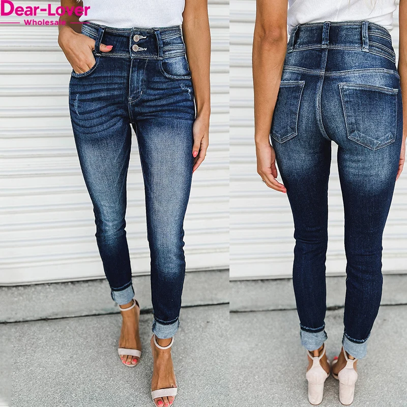 Dear-Lover Private Label Vintage Washed Two-Button High Waist Jeans For Women